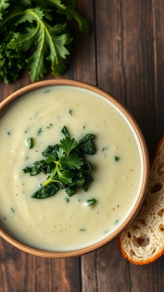 Creamy Cauliflower and Kale Soup Recipe A bowl of creamy cauliflower and kale soup garnished with parsley, alongside a slice of crusty bread on a rustic table.